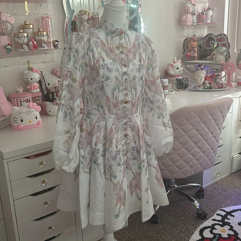 Women's Floral Print Dress Stand Collar Long Sleeve and floral Belt. - Picture 1 of 7